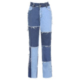 patchwork high waist denim skinny straight pocket jeans