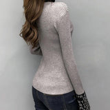 knitted slim turtleneck ribbed letter print long sleeve sweater