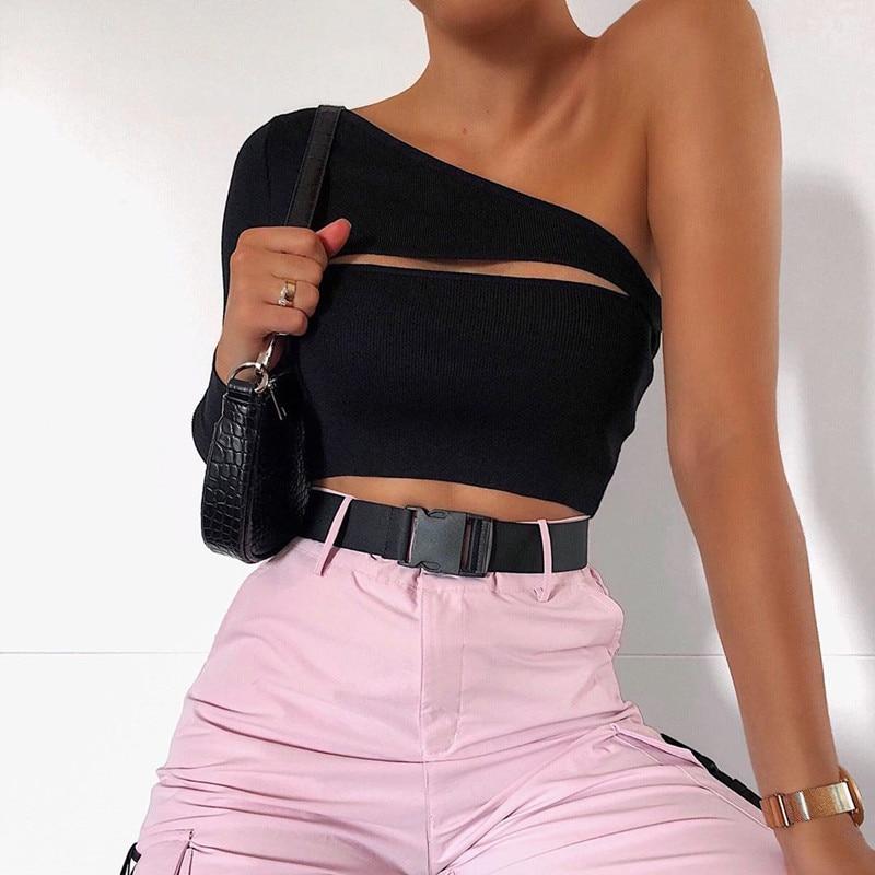 one shoulder hollow out backless long sleeve crop top