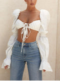 square collar long sleeve chest tie up ruched stretch blouse