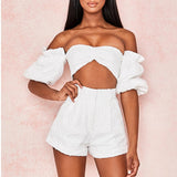 two piece strapless puff sleeve top mini pant set
