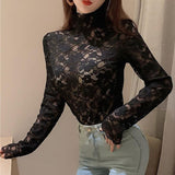 high collar hollow out floral lace embroidery t shirt