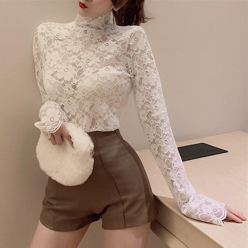high collar hollow out floral lace embroidery t shirt