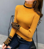 knitted slim turtleneck ribbed letter print long sleeve sweater