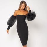 solid off shoulder long lace lantern sleeve bodycon dress