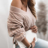 beaded cut out lace up long sleeve cable knit sweater