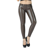 solid pu leather mid waist button fly skinny pencil pants