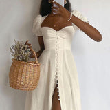 strapless puff sleeve button party dress
