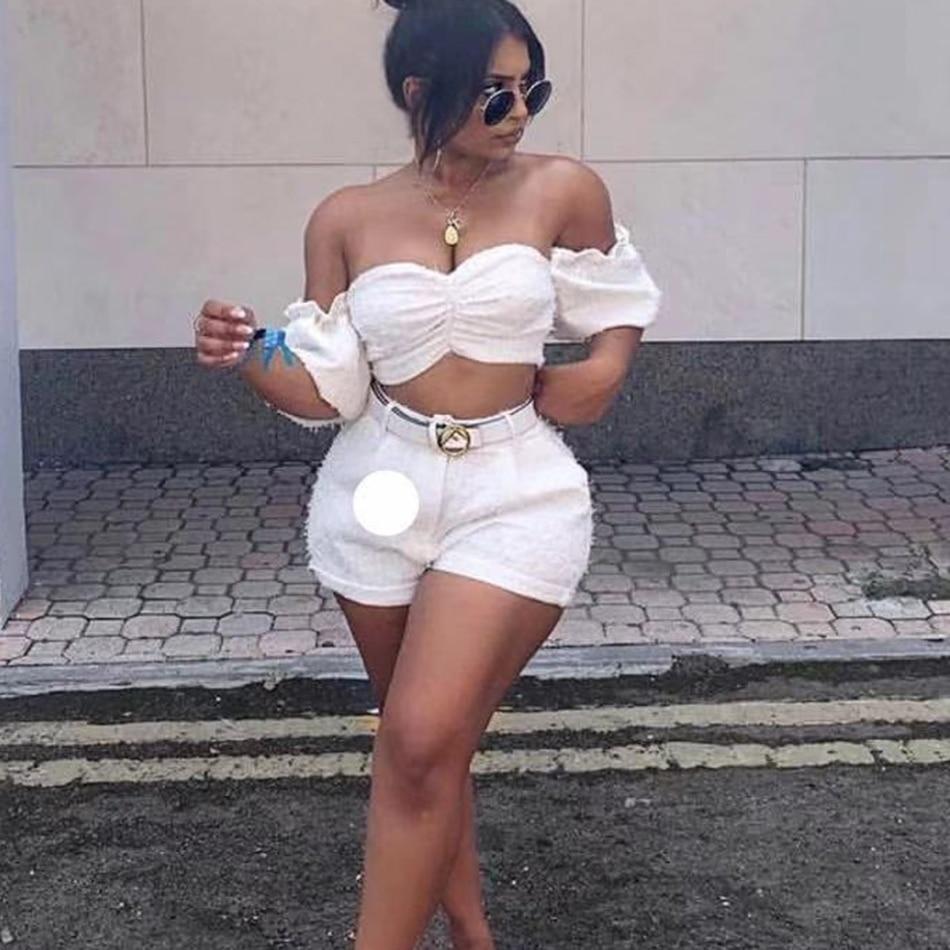 two piece strapless puff sleeve top mini pant set
