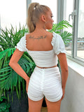 two piece ruffles pleated drawstring puff sleeve crop top shorts set