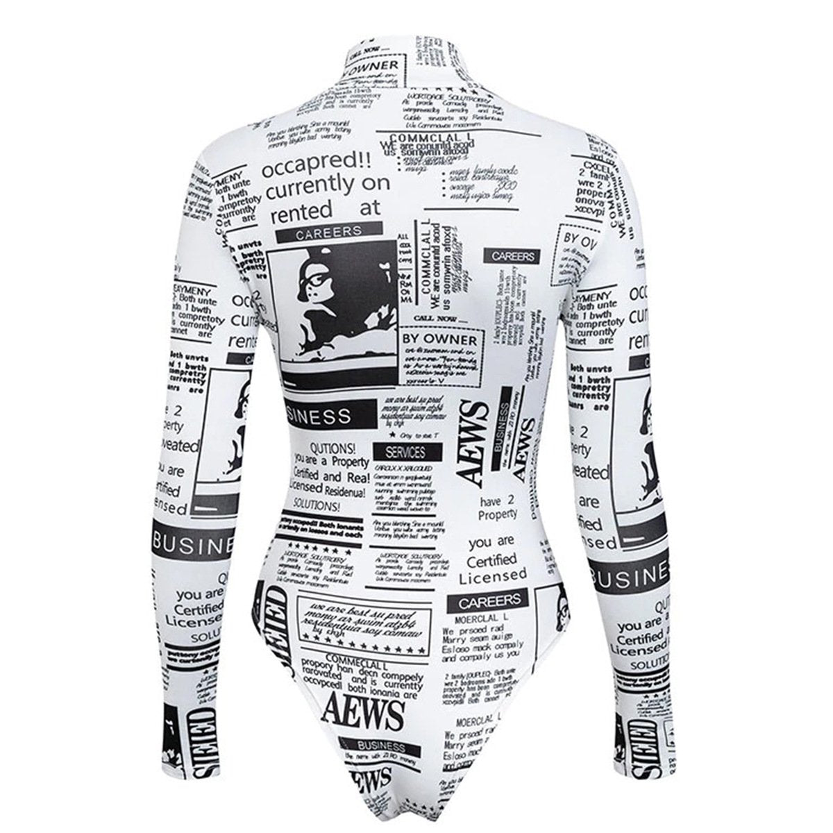 newspaper print matching long sleeve bodysuit and biker shorts