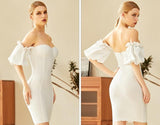 off shoulder puff sleeves ribbed sweetheart collar bodycon dress
