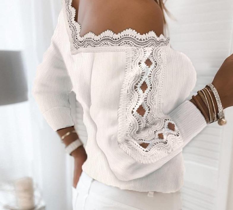 lace trim ribbed cutout long sleeve sweater
