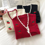 v neck cherry embroidered puff sleeve short sweater
