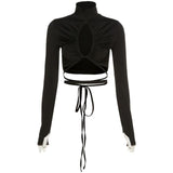 hollow out turtleneck drawstring lace up crop top