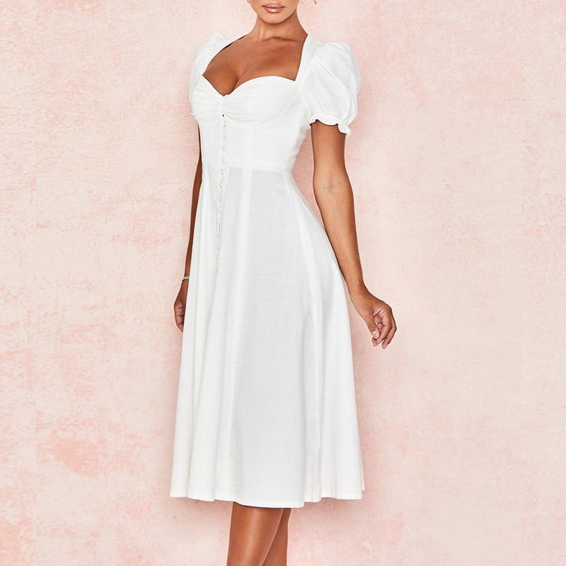 strapless puff sleeve button party dress