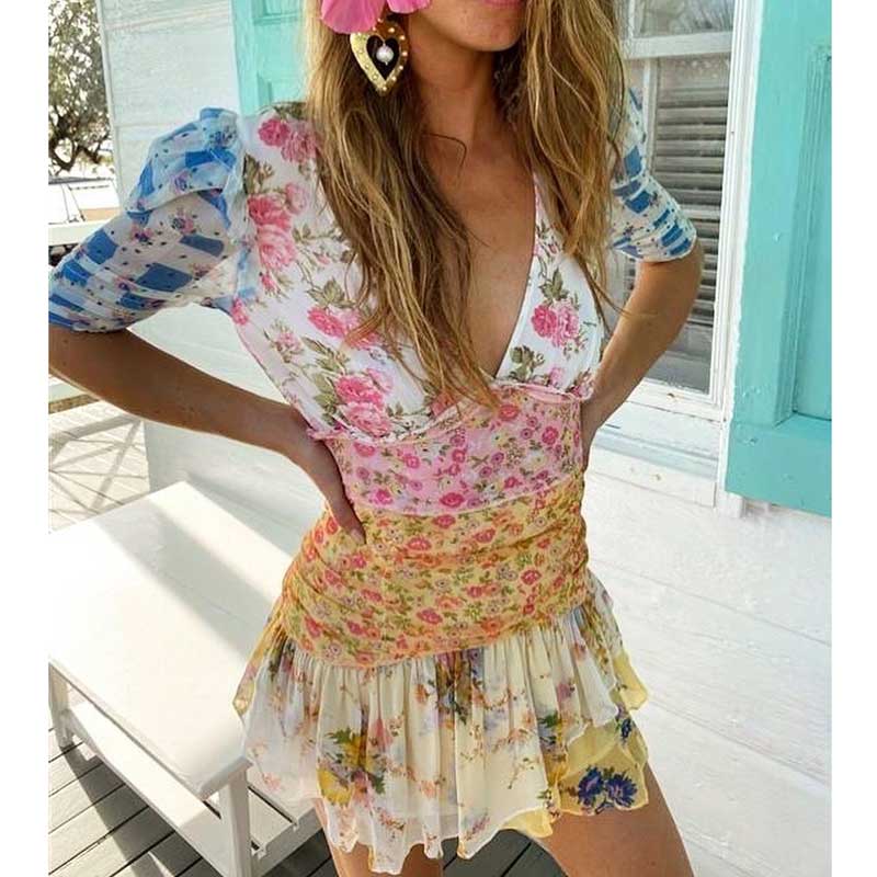 floral ruffled bow tied puff sleeve dress