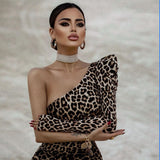 one shoulder split leopard long sleeve midi dress