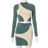long sleeves turtleneck patchwork crop top mini skirt set