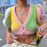colorful puff sleeve knitted crop top