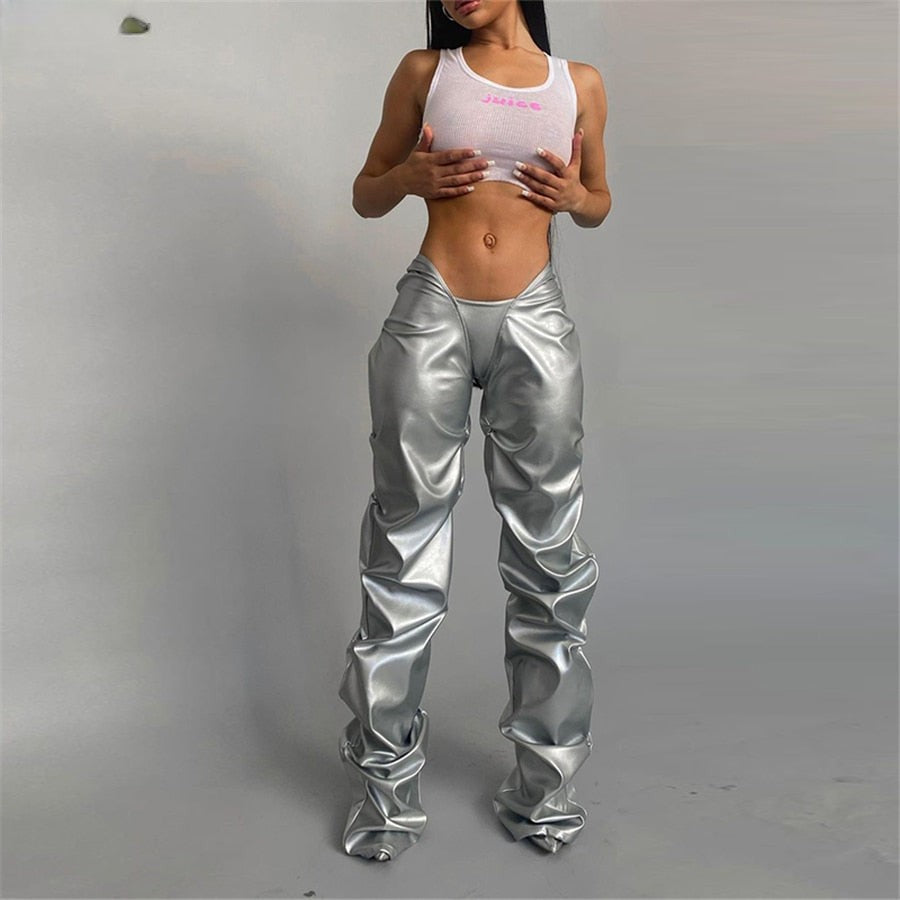 metallic pu leather folds low waist streetwear pants