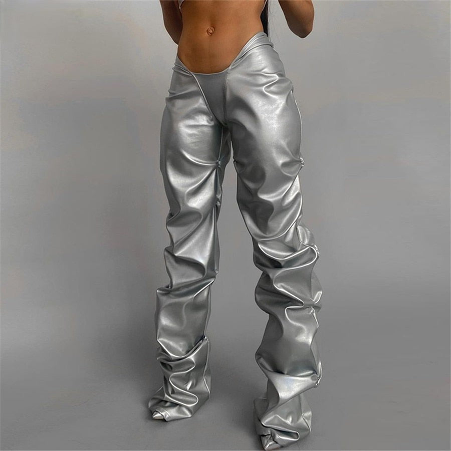 metallic pu leather folds low waist streetwear pants
