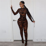 tiger print sheer mesh long sleeve jumpsuit