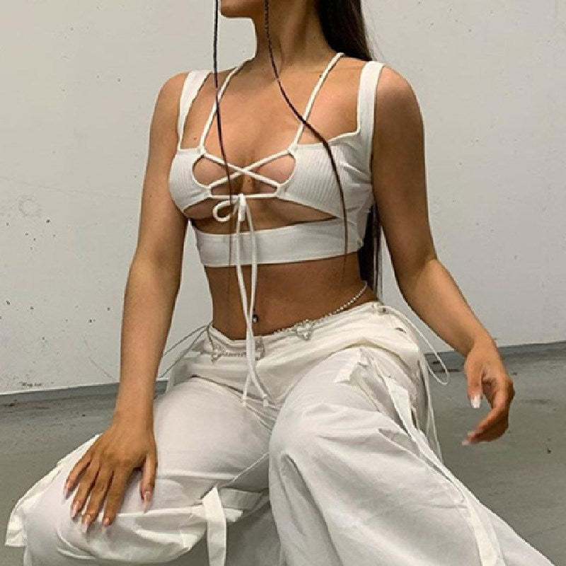 square collar hollow out strap lace up crop top