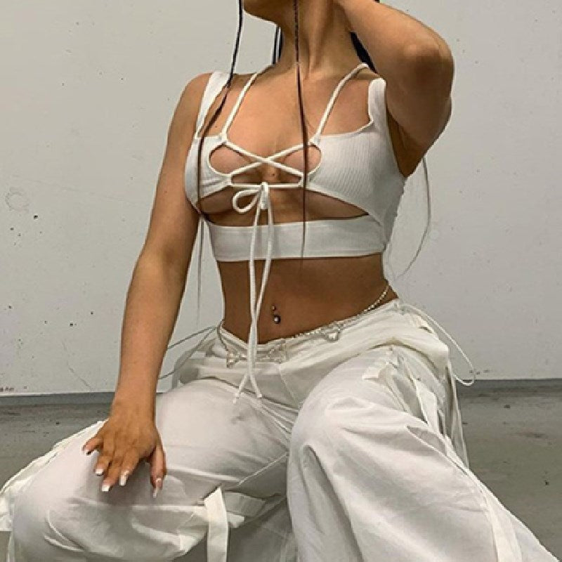 square collar hollow out strap lace up crop top