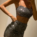 bling sequin black crop top and mini skirts