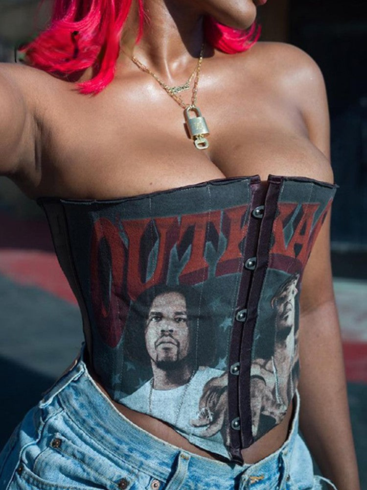 grunge punk portrait print corset top