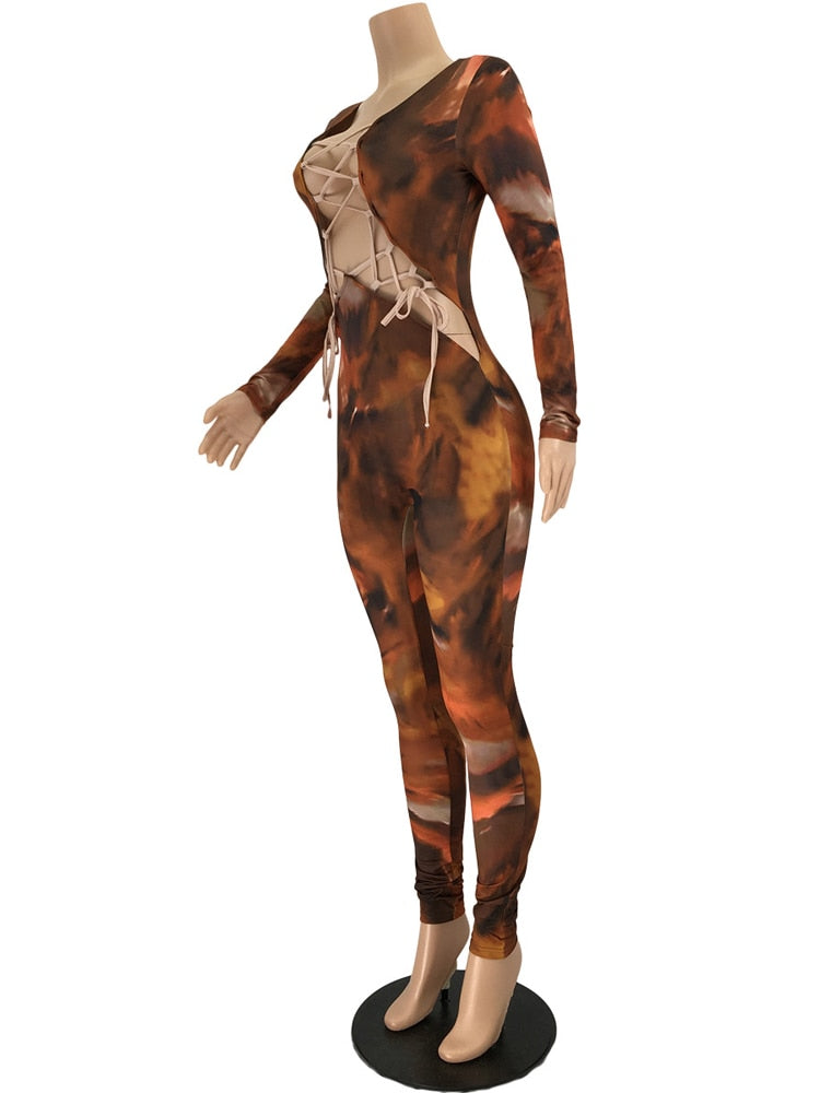 tie dyed print cross tie up hollow out long sleeve jumpsuit