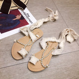 pearl chain cross tied lace up flats sandals