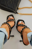 faux leather black metal chain open toe high heel