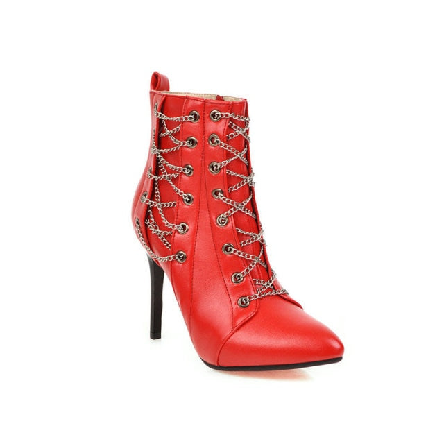 cross chain eyelet pu leather stiletto booties