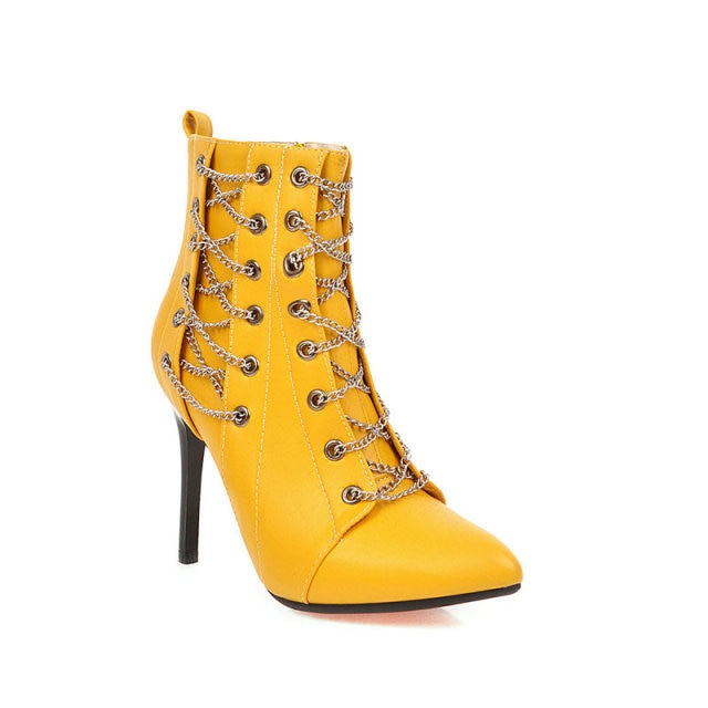 cross chain eyelet pu leather stiletto booties