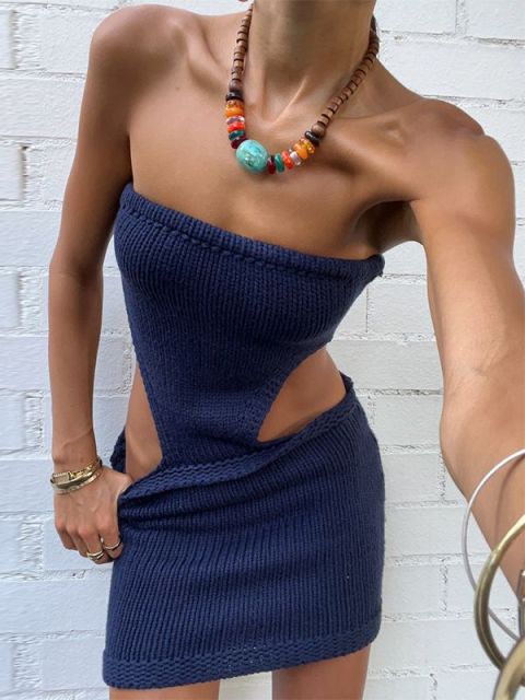 strapless twist cut out knitted bodycon dress