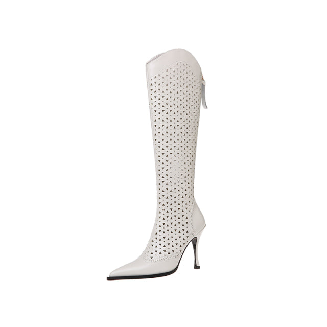 pointed toe roman style hollow high heeled long boots