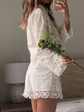 buttoned lace long sleeve shirt short two piece dress