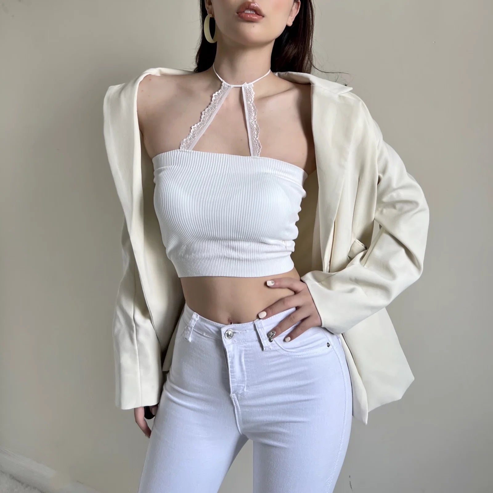 soft single breasted halter crop top