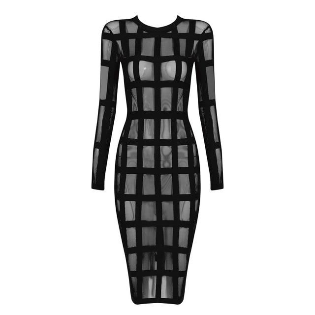 perspective grid mesh long sleeve bodycon dress