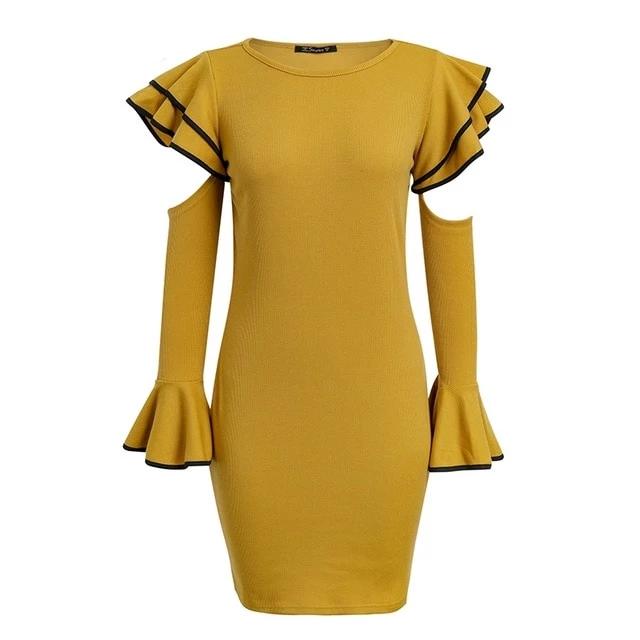 cold shoulder flare long sleeve ruffles knitted bodycon dress