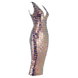 sparkle mix colour sleeveless v neck plaid sequin dress