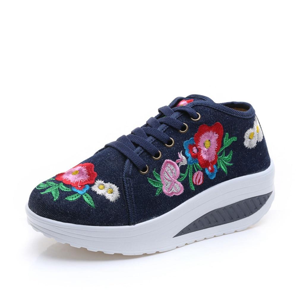 floral embroidery lace up round toe sneakers