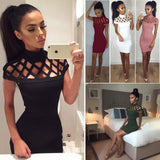 caged turtleneck hollow out mesh cut off bodycon dress
