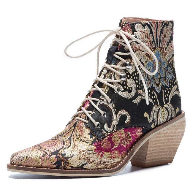 embroidery flower lace up ankle boot