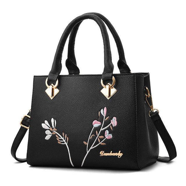 floral embroidery leather tote zipper vintage handbag