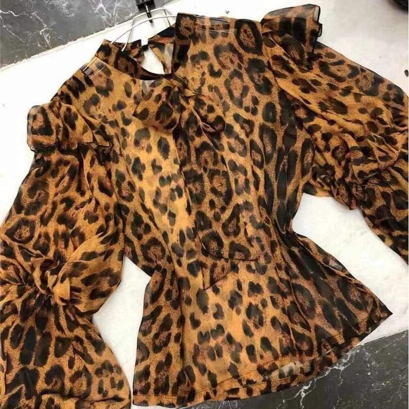 chiffon leopard print puff long sleeve blouse
