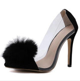 transparent pointed toe hairy ball thin high heel