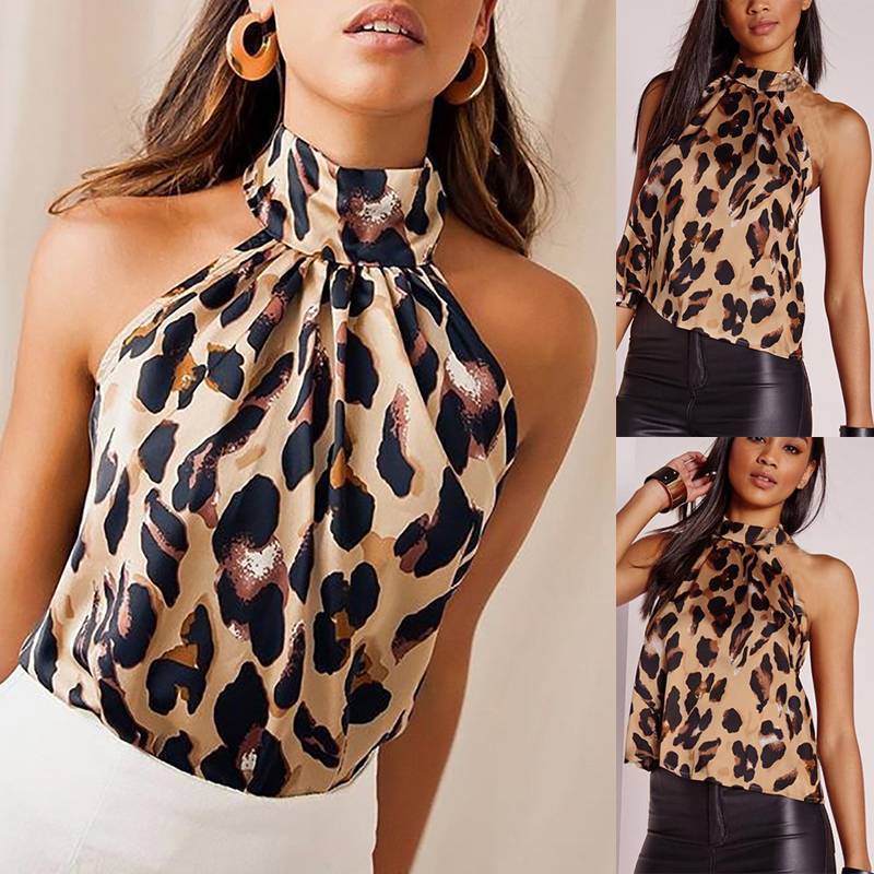 leopard print halter sleeveless sexy blouse